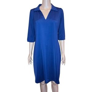 KATHERINE WAY UPF 50 Shift Dress Sz M 3/4 Sleeve V Neck Collar Dark Blue Purple